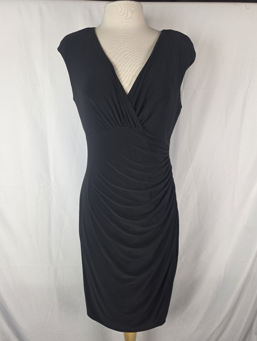 Lauren Ralph Lauren Black Sheath Dress Size 12 Ruched Shoulder Pads LBD Cocktail